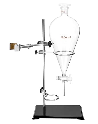 QWORK 1000ml Heavy Wall Conical Separating Funnel with 24/29 Fitting and PTFE Stopcock   Laboratory Distillation Support Rack for Titration Extraction