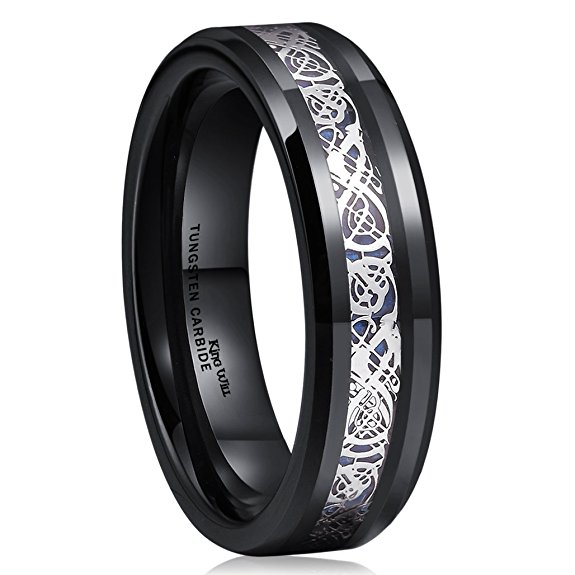 King Will DRAGON 6mm Black Tungsten Carbide Ring Blue Carbon Fiber Silver Celtic Dragon Wedding Band