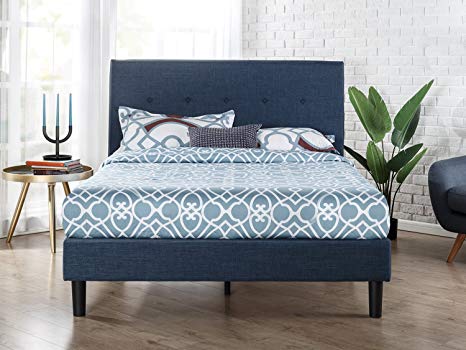 Zinus Upholstered Navy Button Detailed Platform Bed/Wood Slat Support, Full