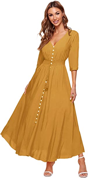 Milumia Women's Button Up V Neck Half Sleeve Split Flowy Plain Party Maxi Dress