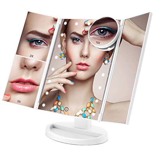 Makeup Vanity Mirror with 21 LED Lights, COSMIRROR Trifold Lighted Makeup Mirror with 1X/2X/3X/10X Magnification and Touch Screen, 180 Degree Rotation, Dual Power Supply Light Up Mirror (White)
