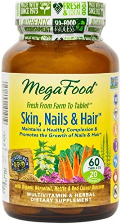 MegaFood, Skin, Nails & Hair, Supports Healthy Complexion, Nails & Hair, Multivitamin & Herbal Dietary Supplement, Gluten Free, Vegan, 60 Tablets (20 Servings) (FFP)