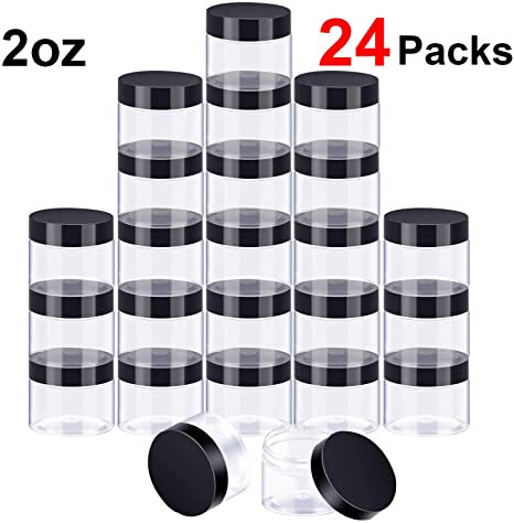 24 Pieces Clear Plastic Round Storage Jars Wide-Mouth Plastic Containers Jars with Lids for Storage Liquid and Solid Products (Black Lid, 2 oz)