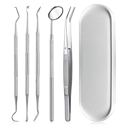 Dental Tools, 5 Pcs Professional Teeth Cleaning Tools Stainless Steel Stainless Steel Dental Scaler, Mouth Mirror, Tarter Scraper, Tooth Pick, Tweezers, for Personal & Pet Oral Care Use