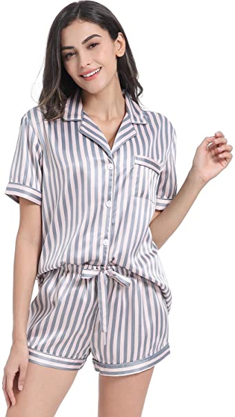 Serenedelicacy Women's Silky Satin Pajamas Short Sleeve PJ Set Sleepwear Loungewear