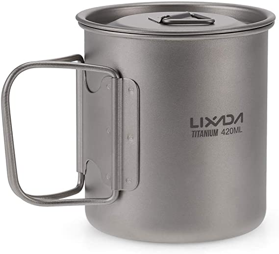 Lixada Titanium Cup Portable Camping Picnic Water Cup Mug with Lid Foldable Handle 300ml / 350ml / 420ml / 550ml / 650ml / 750ml