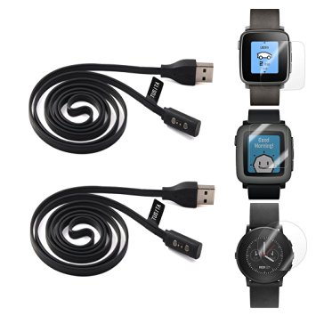 2-PACK Pebble Time Charging Cable With Screen Protector(5ft), TUSITA® Replacement USB Charge Charger Wire Cord For Pebble Time / Time Steel / Time Round Smart Watch