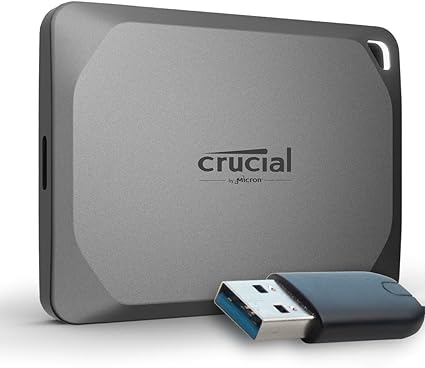 Crucial X9 Pro 1TB Portable SSD with USB-A Adapter - Read/Write speeds up to 1050MB/s - PC and Mac, with Mylio Photos  - USB-C 3.2, USB-C External Solid State Drive - CT1000X9PROSSD902