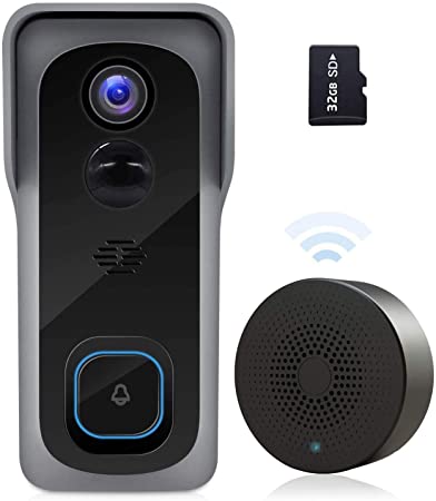 WiFi Video Doorbell Camera with Chime, Two-Way Audio, IP65 Waterproof PIR Motion Detection, Wide Angle, Wireless Door Security Battery Camera, Night Vision, Cloud Storage(optional), 32GB Pre-installed