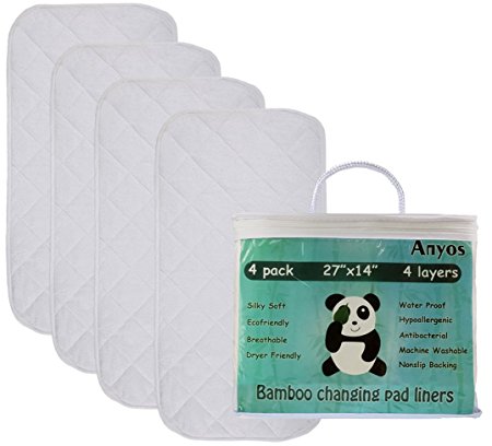 Bamboo Changing Pad Liners -4 Pack Large (27 x 14"), Premium Quilted Design - Machine Washable and Dryer Friendly - Ultra-soft, Highly Absorbent, and Waterproof