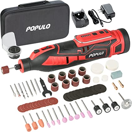 POPULO 12V Cordless Rotary Tool with 114-Piece of Tool Accessories and Protective Cover, 5 Speed Adjustments, Equipped with 2.0Ah Lithium Battery Pack and Charger, Powerful Engraver, Sander, Polisher