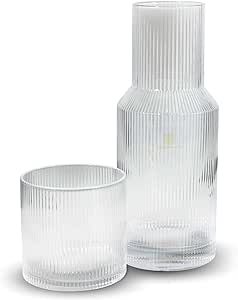 Bruno Magli Ribbed Carafe | 2-Pc Set | Drinking Glass Tumbler Doubles as a Lid | Elegant Nightstand Water Pitcher with Matching Cup for Office, Home, & Guest Room Décor | Gift Boxed (Clear)