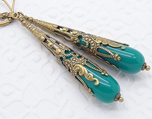 Blue Victorian Earrings with Brass Filigree Cone