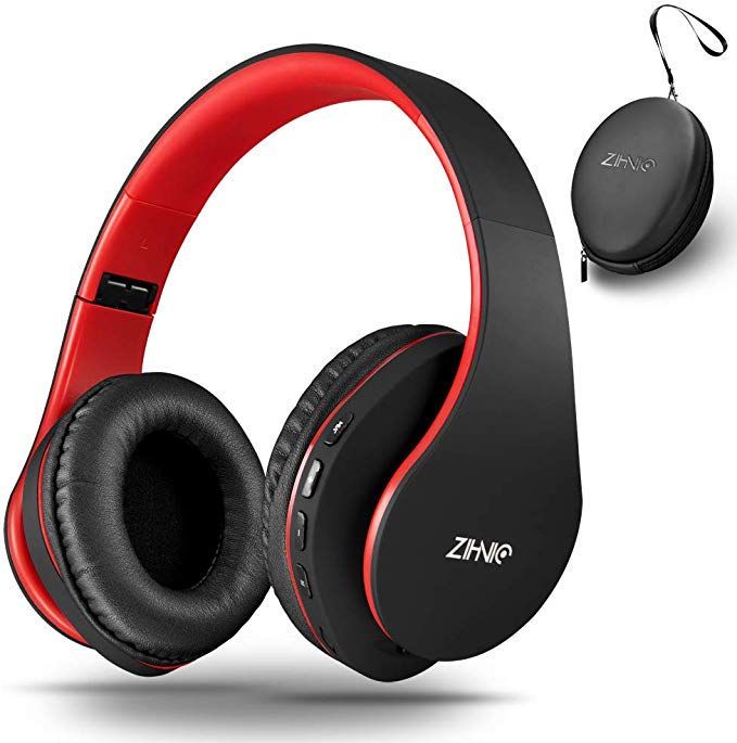 Zihnic Bluetooth Over-Ear Headset with Deep Bass, Foldable Wireless and Wired Stereo Headphones Buit in Mic for Cell Phone, PC,TV, PC,Soft Earmuffs &Light Weight for Prolonged Wearing (Black/red)