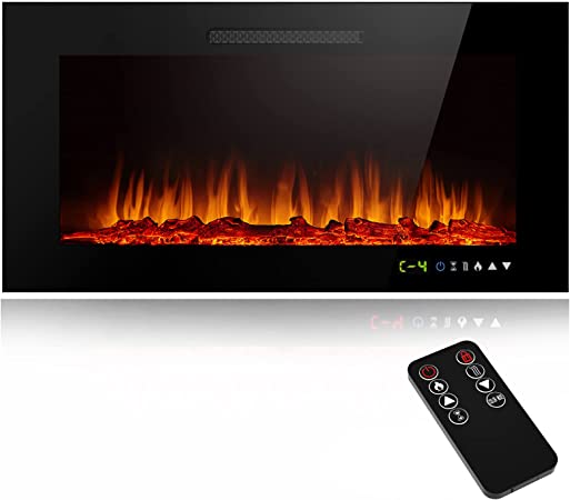 Hykolity 36 inch Electric Fireplace in-Wall Recessed and Wall Mounted, Linear Fireplace Heater with Remote Timer, Touch Screen, 750/1500W, Log & Crystal Hearth Options