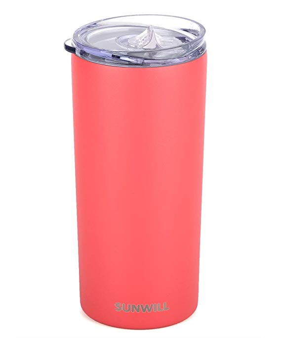 SUNWILL Tumbler Skinny Travel Tumbler with Lid, Vacuum Insulated Double Wall Stainless Steel 14oz for Coffee, Tea, Beverages, Powder Coated Coral