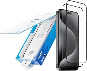 Anker 9H  Glass for iPhone 15 Pro Screen Protector, Military Grade Shatterproof & Ultra Durable Screen Protector for 15 Pro, Tempered Glass Full Coverage Protection, Easy Installation(2-Pack)