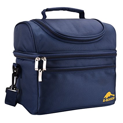 Lunch Box Insulated Lunch Bag Cooler Tote shoulder Strap with 2 Way Zip Closure Double Deck Large for Office School Picnic Blue