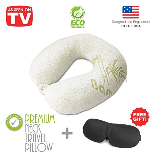 Premium Bamboo Neck Pillow Travel Size - Shredded Memory Foam Travel Pillow Set, Airplane Neck Pillow, Removable Zipper Cover Hypoallergenic, Flight Pillow Included 3D Sleep Mask