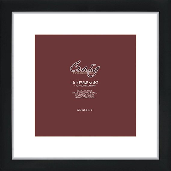 Craig Frames 14 by 14-Inch Black Picture Frame, Single White Mat with 1 - 10 by 10-Inch Square Opening