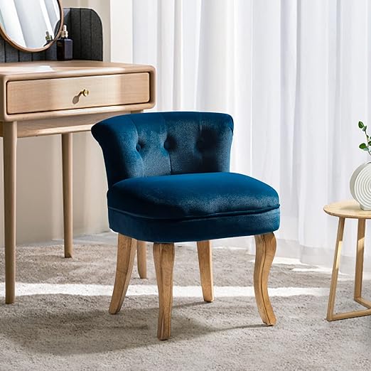 HULALA HOME Velvet Vanity Stool with Low Back, Modern Vanity Chair with Solid Wood Legs, Small Upholstered Makeup Chair Home Decor for Bedroom Living Room Dressing Table, Women Girls, Navy