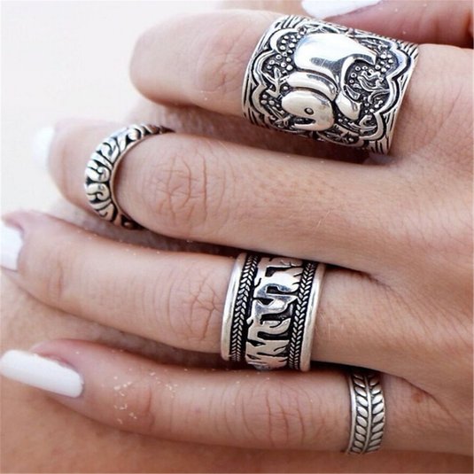 Sunscsc Alloy Vintage Retro Silver Plated Elephant Joint Knuckle Nail Ring Set, Pack of 4