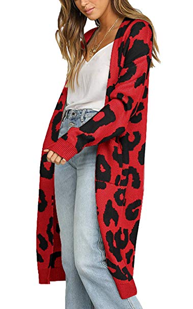 Angashion Women's Long Sleeves Leopard Print Knitting Cardigan Open Front Warm Sweater Outwear Coats with Pocket