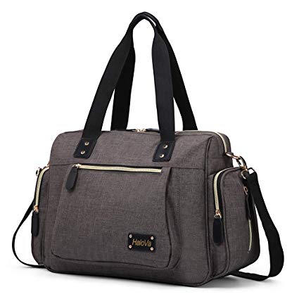 HaloVa Diaper Bag, Baby Diaper Tote, Trendy Mommy Maternity Nappy Duffel Bag, Large Weekender Handbag with Shoulder Strap, Baby Changing Pad and Wet Clothing Bag, Insulated Milk Bottle Poc, Brown Gray