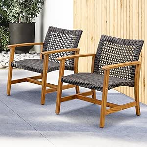 Idzo Liberte 500lbs Capacity Acacia Outdoor Club Chairs Set of 2, FSC Teak Finish Wood Patio Furniture Sets with Upgraded 2000Hours UV Resistant Wicker