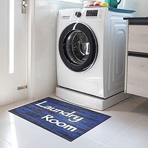 Machine Washable Text Design Laundry Room Rug Non-Slip Rubberback 2x3 Laundry Area Rug for Laundry Room, Bathroom, Washroom, 26" x 35", Black/Blue