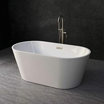 Woodbridge Acrylic Freestanding Bathtub Contemporary Soaking Tub with Brushed Nickel Overflow and Drain, BTA1514, 59" B-0014
