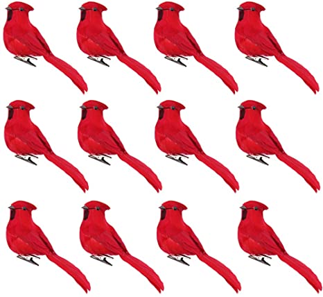 OLANZH Feather Cardinal,12 Pcs Red Birds Cardinal Christmas Cardinal Birds Clip on Tree Ornaments Artificial Red Birds for Wreaths Centerpieces Crafts DIY (Red)