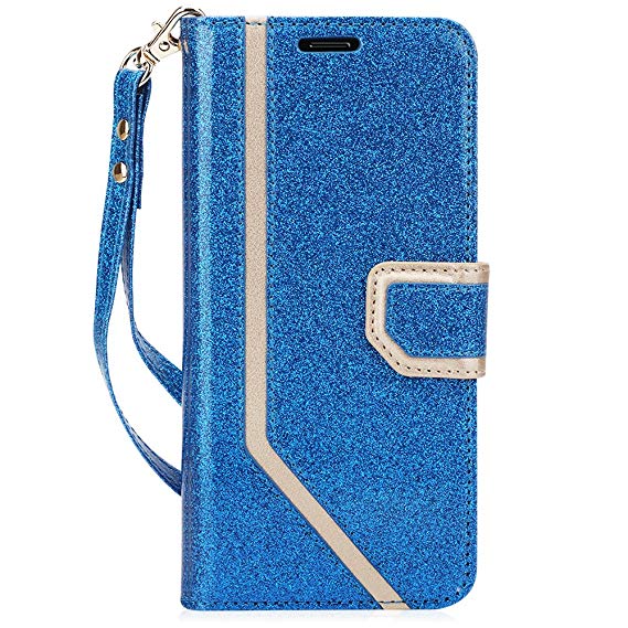 FYY Leather Case with Mirror for iPhone Xs (5.8") 2018/iPhone X/10 2017, Leather Wallet Flip Folio Case with Mirror and Wrist Strap for iPhone Xs (5.8")/iPhone X/10 Deep SkyBlue