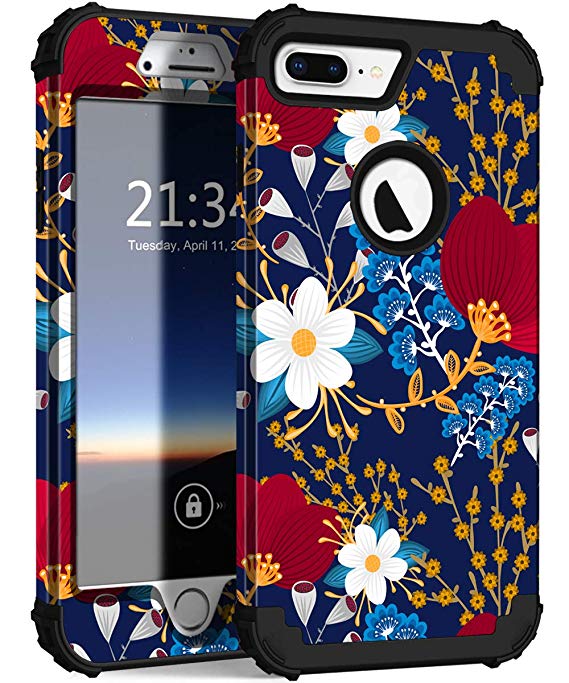 Hocase iPhone 8 Plus Case, iPhone 7 Plus Case, Heavy Duty Shockproof Protection Hard Plastic Silicone Rubber Hybrid Protective Case for iPhone 7 Plus/iPhone 8 Plus - Creative Flowers