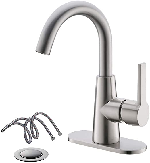 Single-Handle High-Arc Stainless Steel Bathroom Sink Faucet/Bar Sink/Pre-Kitchen Sink Faucet With 4 Inch Deck Plate,Drain And Supply Hoses By Phiestina, Brushed Nickel, WE10E-BN