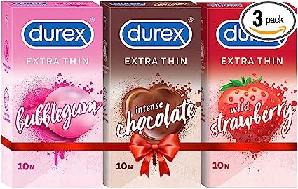 Durex Extra Thin Flavoured Condoms, 10s, Pack of 3 (Bubblegum   Chocolate   Strawberry)