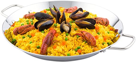 13.5 Inch Spanish Paella Pan, 1 Induction Ready Paella Pan - Heavy-Duty, Riveted Handles, Silver Stainless Steel Spanish Pan, Dishwasher-Safe, Paella Cookware For Homes or Restaurants - Restaurantware