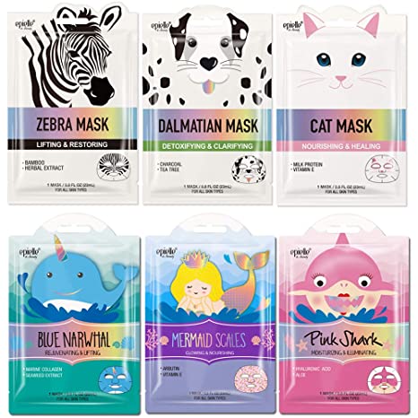 Epielle Character Sheet Masks | Dalmatian, Zebra, Cat, Shark, Narwhal, Mermaid Scale | Korean Beauty Mask -For All Skin Types, (Pack of 6) | Birthday Party Gift for her kids, Spa Day Party, Girls Night, Spa Night, Beauty Gift, Stocking Stuffers