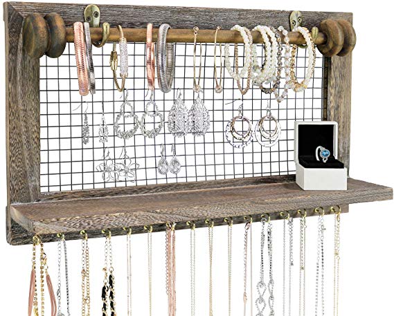 Greenco Rustic Wooden Wall Mount Jewelry Organizer with Removable Hanging Rod and Storage Shelf for Earrings, Bracelets, Necklaces and Accessories