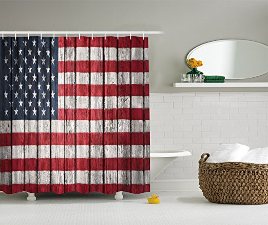 American Flag Tapetsry USA Flag Decor by Ambesonne, Fourth of July Independence Day and the USA Flag Painted on Wooden Plank Pattern, Polyester Fabric Bathroom Shower Curtain Set with Hooks, Red Blue