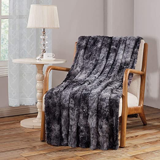 Viviland Faux Fur Throw Blanket, Luxury Soft Plush Shaggy Fleece Blanket, Machine Washable, Blue-Grey, 60"×80"