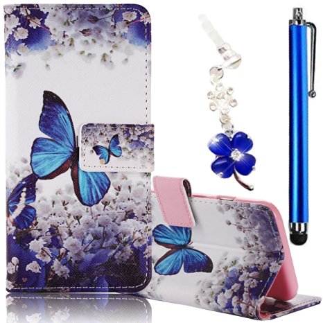 Samsung Galaxy J7 (2015) Case, Boince 3 in 1 Accessory Magnetic Snap PU Leather Flip Wallet Case   [Diamond Antidust Plug]   [Metal Stylus Pen] Anti Scratch Shockproof Protective Bumper-Blue Butterfly
