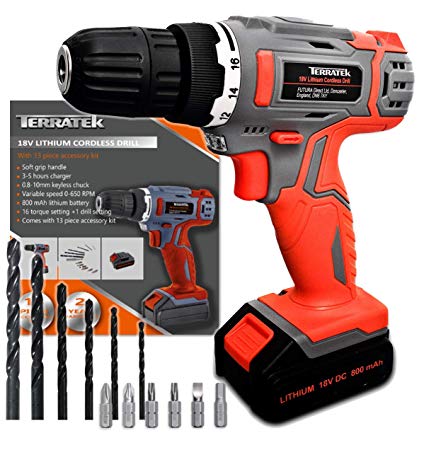 Cordless Drill Driver 18V/20V-Max Lithium-Ion Combi Drill, Electric Screwdriver 13pc Accessory Kit, LED Work Light, Quick Change Battery & Charger Included (Cordless Drill & 13pcs Kit)