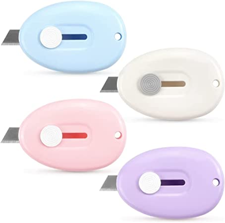 4 Pack Mini Box Cutter Retractable Utility Knife Letter Opener Envelope Slitter, Box Cutter with Key Chain Hole (Blue, Pink, Purple, White)