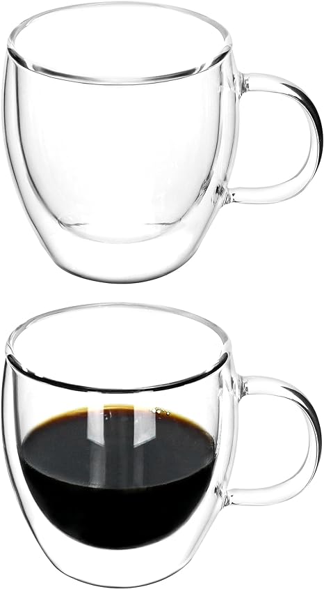 QWORK 5 Oz Double Wall Coffee Mugs, 2 Pack Insulated Glasses Espresso Mugs, Clear Coffee Mugs with Handle for Espresso Shot, Tea and Juice