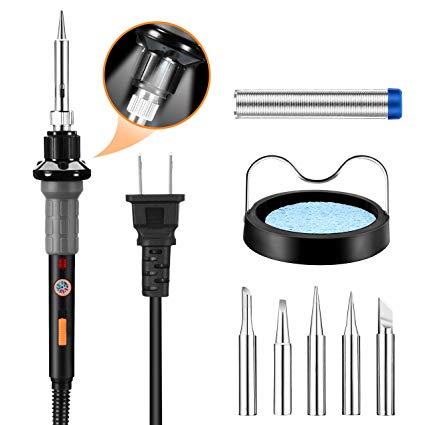 Soldering Iron, PICTEK Soldering Iron kit with 3 Led Lighting (ON/Off/LED Switch), 5pcs Iron Tips, Soldering Iron Stand, Solder Wire,110V 60W Adjustable Temperature and LED Indicator