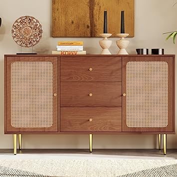 Merax Rattan Sideboard, Bedroom Chest of Drawers with 2 Doors 3 Drawers and Adjustable Shelf, Storage Cabinet for Living Room, Hallways, Vintage Kitchen Cupboard, Walnut, 40 x 150 x 90cm