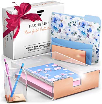 Rose Gold Desk Organizer: 3 Piece Acrylic Desk Organizer Set with Pen Holder, Letter Sorter, Paper Tray - Rose Gold Desk Accessories for Women, Girls - Cute Office Supplies, Decor for Cubicle and Home