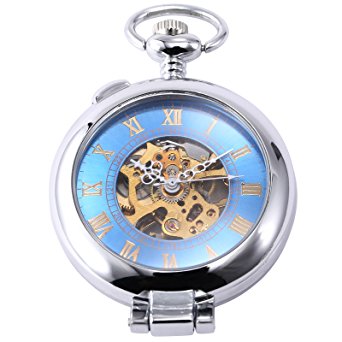 AMPM24 Fashion Antique Blue Skeleton Mens Steampunk Mechanical Pendant Pocket Watch   AMPM24 Gift Box WPK130