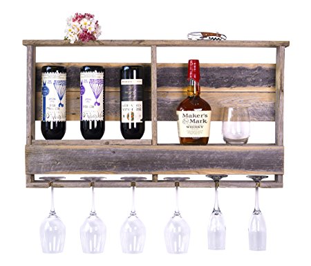 DAKODA LOVE - The Barnwood Bar w/ Inverted Wine Rack, Long Stem Glass Holder & Shelf, Rustic USA Handmade Reclaimed Wood